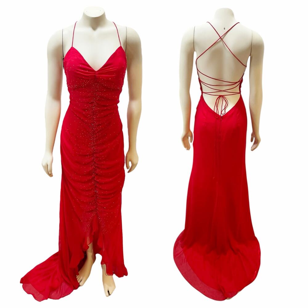 Mystique Red Beaded Gown Chiffon Ruffle Open Lace Back Sz 6